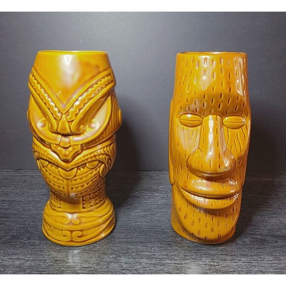 Tiki Mug Tumbler Bar Light Brown Ceramic (2 Mugs) 12 oz Polynesian 3D Face 6.75" - Picture 1 of 6